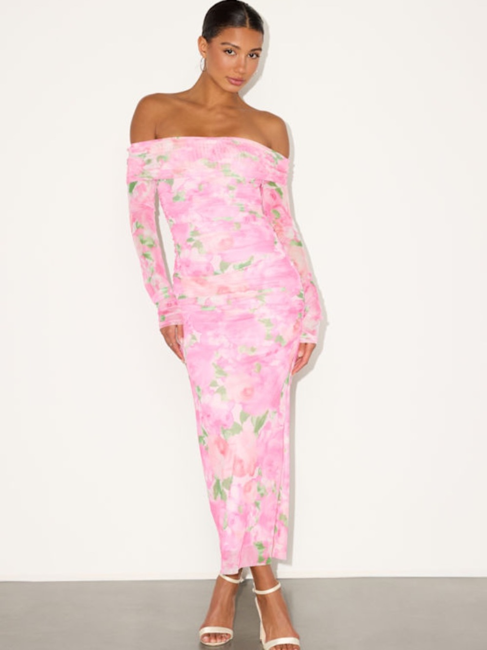 Lulus Amorette Pink Floral Mesh Off-the-shoulder Maxi Dress - Size M